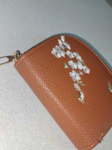 Floral Embroidered Brown Wallet