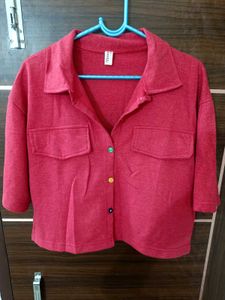 Vibrant Red Cropped Button-Up Shirt