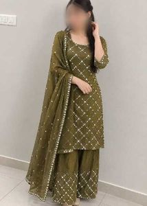 Olive Green Embellished Kurta Set with Dupatta