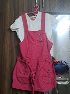 Red Dungaree Dress With White Top