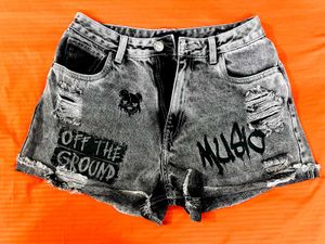Tokyo Talkies Grey Distressed Graphic Denim Shorts