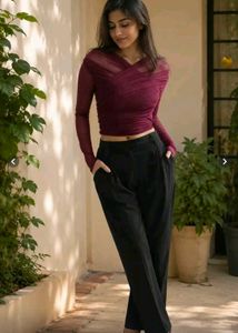 Sheer Mesh Ruched V-Neck Top
