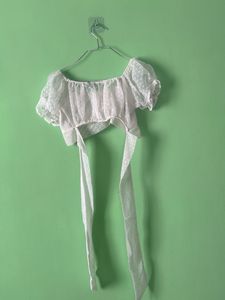 White Sheer Polka Dot Crop Top with Tie