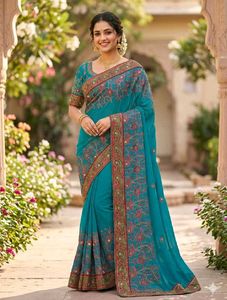 Beautiful Teal Embroidered Silk Saree