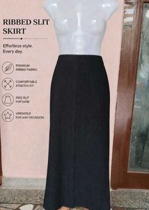 Premium Black Ribbed Slit Midi Skirt