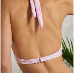 Pink Leaf Print Halter Bikini Top