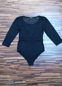 Black Bodysuit with Mesh Lace Design on Neck
