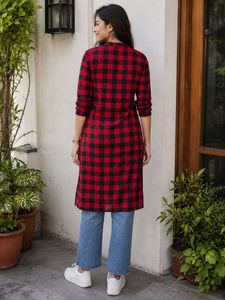 Women’s Red &amp; Black Checked Long Kurta Shirt