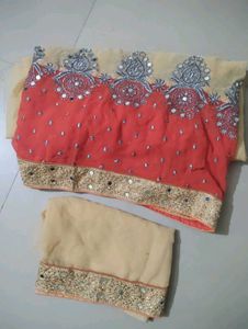 Beautiful Coral Pink &amp; Cream Georgette Saree with