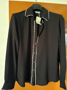 Black Button-Up Shirt with Scalloped Trim