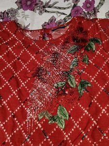 M Size Elegant Red Kurta with Floral Embellishment