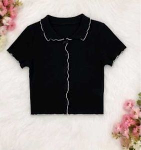 Black Korean Collared Crop Top