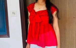 Vibrant Red Bow Detail Top