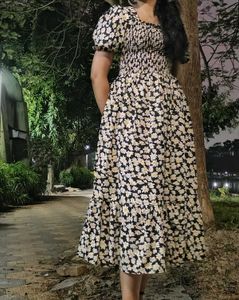 Floral Smocked Square Neck Dress