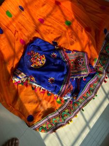 Vibrant Orange Polka Dot ghagra and blue dupatta