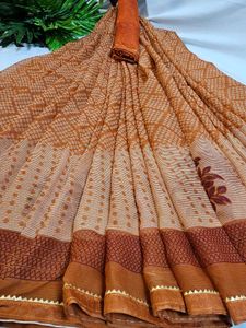 Elegant Brown colour Printed Saree with blouse