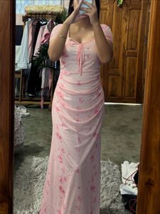 Chic Pink Floral Ruched Midi Dress