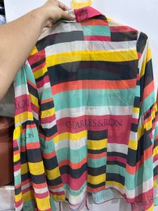 Vibrant Striped Bell Sleeve Net Blouse