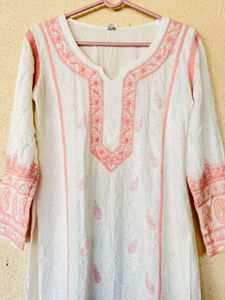 White Kurta with Pink Embroidery