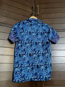 Blue Floral Print Satin Short Sleeve T-shirt