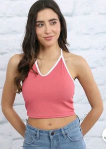 Shein Fitted Halter Tie-Up Neck Contrast Top