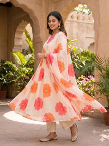 Floral Print Anarkali Kurta with Pants &amp; Dupatta