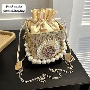 Elegant Pearl Embellished Jute Sling Bag