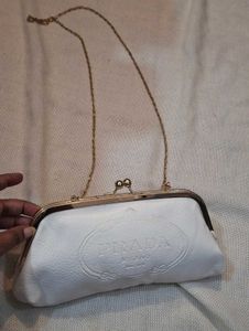Chic White Prada Clutch with Gold Chain