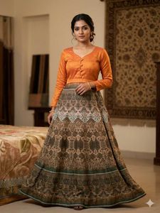 Elegant Orange & Brown Printed Skirt Set