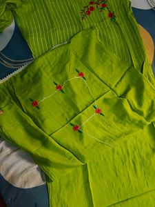 Green Striped Kurta with Floral Embroidery