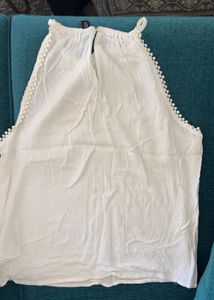 White Halter Neck Top with Pom-Pom Trim