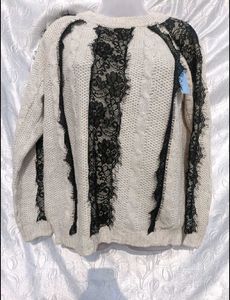 Cream &amp; Black Lace Detail Sweater