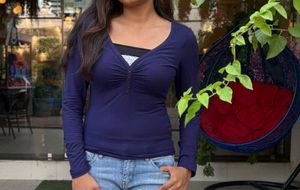 Navy Blue V-Neck Lace Trim Top