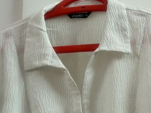 White Textured Cropped Shirt