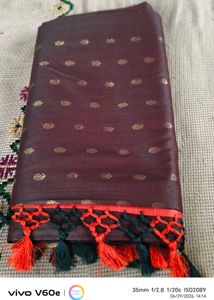 Maroon Saree with Gold Border &amp; Tassels