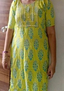 Yellow Printed Kurta with Sequins