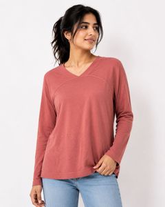 Women's Coral V-Neck Long Sleeve Top