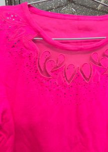 Vibrant Pink Sheer Neckline Sweater