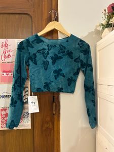 Green Butterfly Print Mesh Top