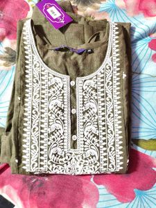 Elegant Olive Kurta Set with White Embroidery