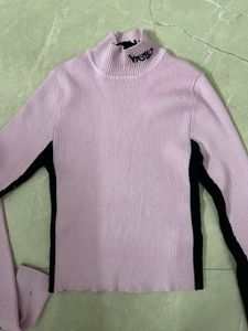 Cute Pink stretchable Ribbed Turtleneck Top