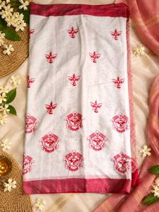 Beautiful White Saree with Red Motifs