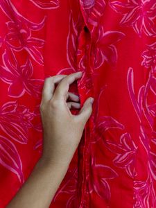 Vibrant Red Floral Print Button-Up Shirt