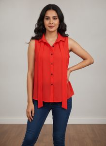 Vibrant Red Sleeveless Button-Up Top