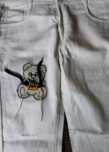 White Jeans with Teddy Bear Patch