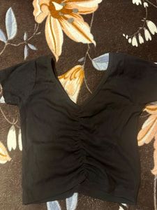 Black Ruched V-Neck Top