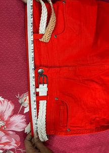 Vibrant Orange Denim Skirt with Belt