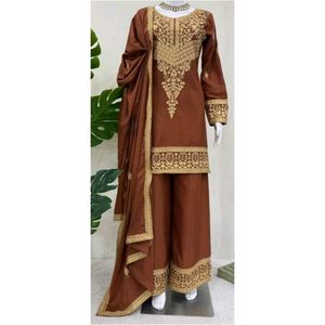 Elegant Embroidered Brown Kurta Set