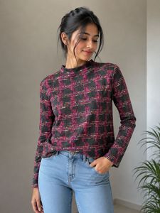 Chic Plaid Mock Neck Long Sleeve Top