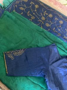 Teal Green Saree With Navy Blue Blouse